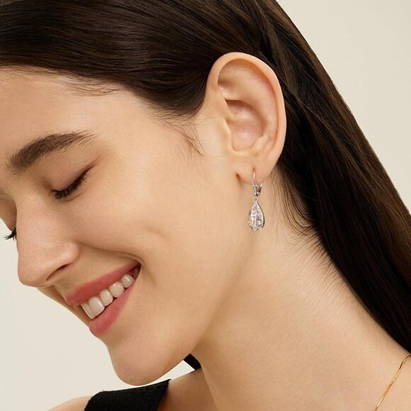 925 Sterling C-Silver Dainty Teardrop Dangle Leverback Trendy Earrings for Women - Picture 5 of 7